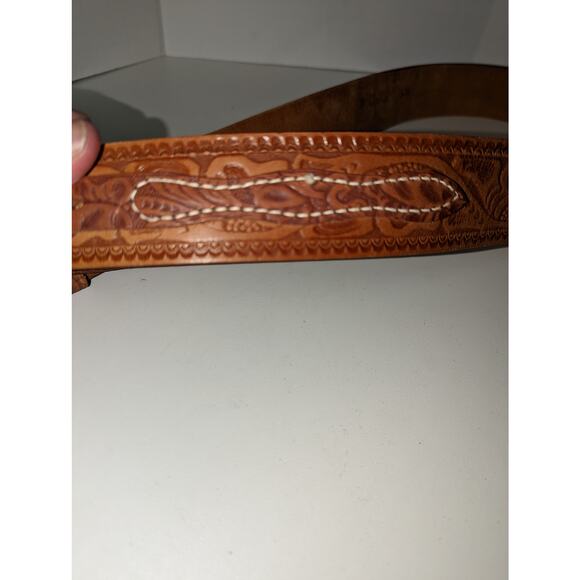 Vintage Hand Tooled Leather Belt Top Grain Steer Hide Tan Unisex - Picture 8 of 9